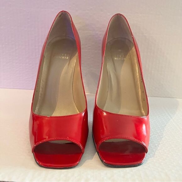 Stuart Weitzman Cherry Red Patent Peep toe Heels 8M - Picture 14 of 14